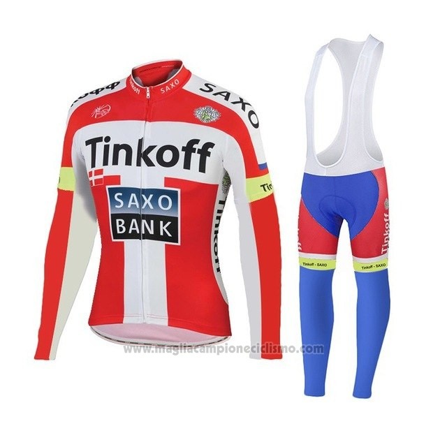 2018 Abbigliamento Ciclismo Tinkoff Saxo Bank Rosso Bianco Manica Lunga e Salopette